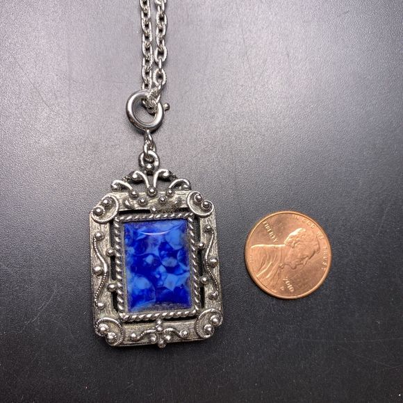 Silver Tone Blue Pendant Necklace Ornate Textured Cross Back Removable Charm - Picture 4 of 6